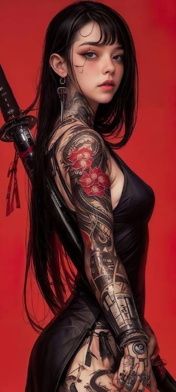 Tattooed Girl Holding a Katana Sword 4K Wallpaper