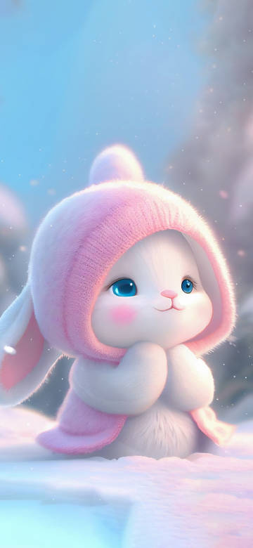 Cute bunny wearing a hat in winter 4K phone wallpaper