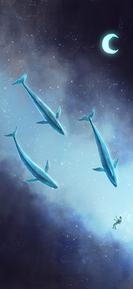 Whales and Lone Astronaut Floating in Space