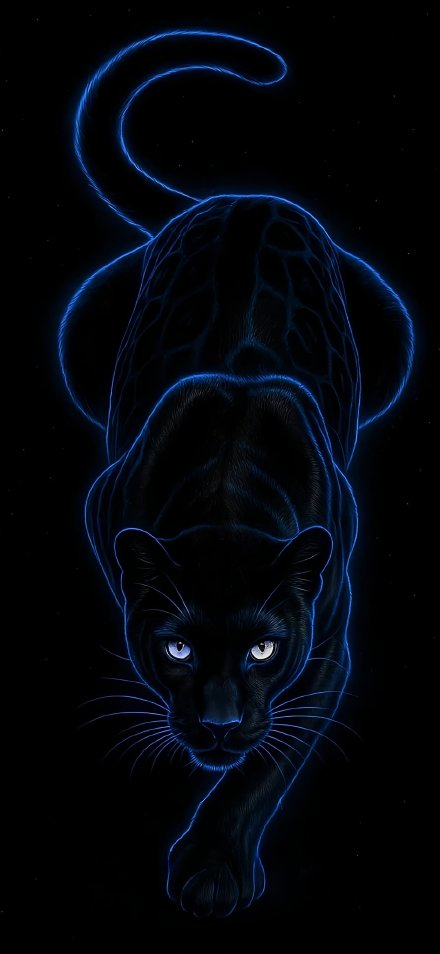 Cool Black Panther with Blue Neon Border 4K Phone Wallpaper