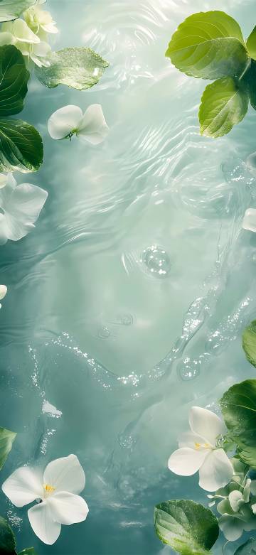 White flowers with green leaves on light green water phone wallpaper
