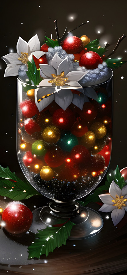 A transparent glass cup filled with sparkling colored balls