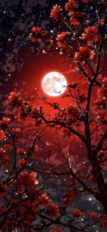 Red Flowers Crimson Night Sky Depth Effect 4K Wallpaper