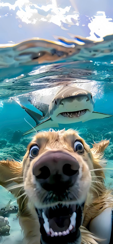 Dog being chased by shark Phone Wallpaper