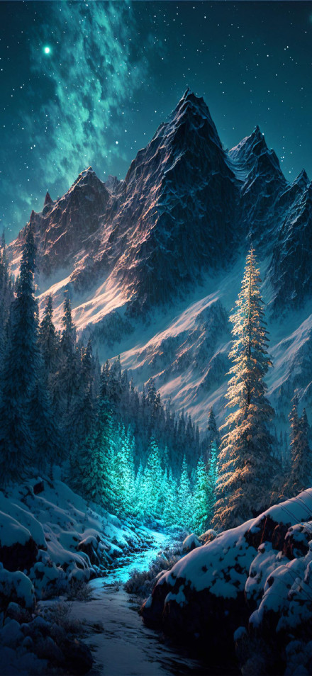 Magical Snowy Mountain Under Teal Sky Wallpaper