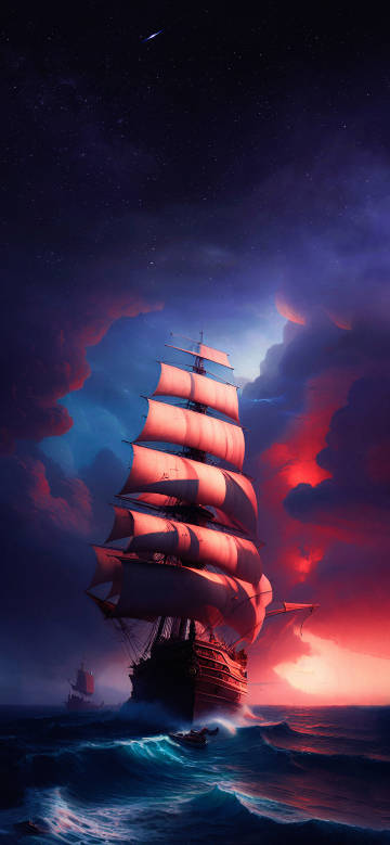Majestic Ship Sailing into a Red Storm 4K Phone Wallpaper