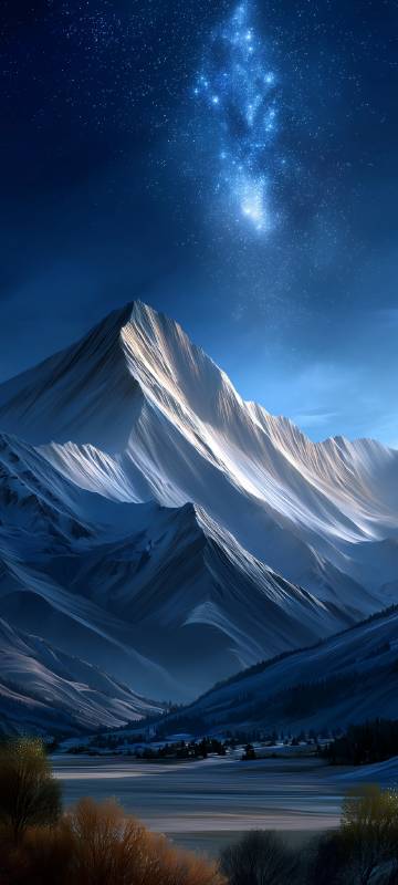 Snowy Mountains Under the Blue Stars 4K Wallpaper