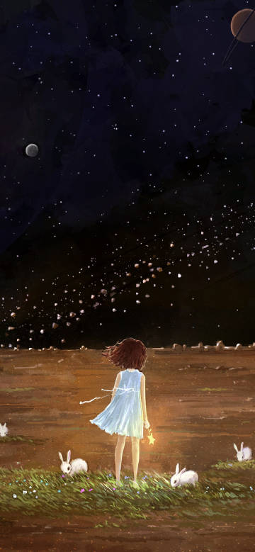 little girl and rabbit under the starry sky at night illustration wallpaper