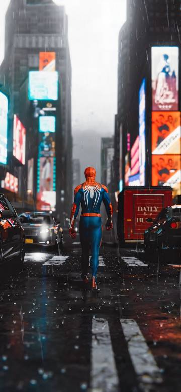 Spider-Man Walks Through The City Streets in The Rain 4K Wallpaper