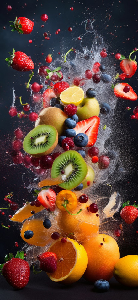 Vibrant Fresh Fruit Explosion Effect 4K phone wallpaper