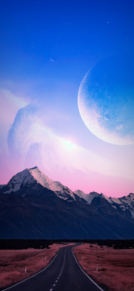 Snowy mountains and highways under colorful skies phone wallpaper