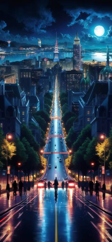 A city scene with bright lights under the moonlight phone wallpaper