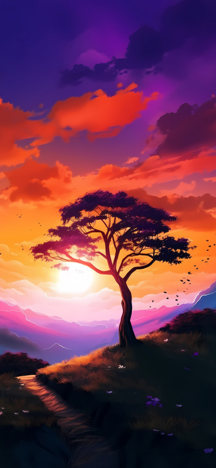 Stunning Sunset Landscape with Lone Tree 4K Illustration Wallpaper