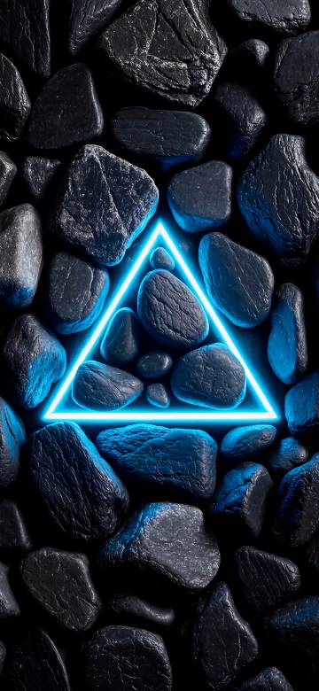 Blue Neon Triangle Among Black Rocks Wallpaper