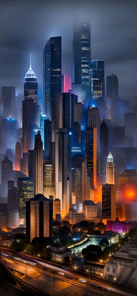 Neon Lit Skyscrapers in Fog 4K Wallpaper