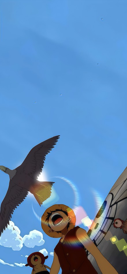 Monkey D. Luffy shouts towards the blue sky