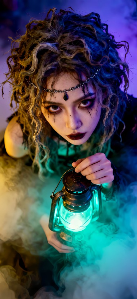 Mystic Girl Holding a Lantern in the Mist 4K Phone Wallpaper