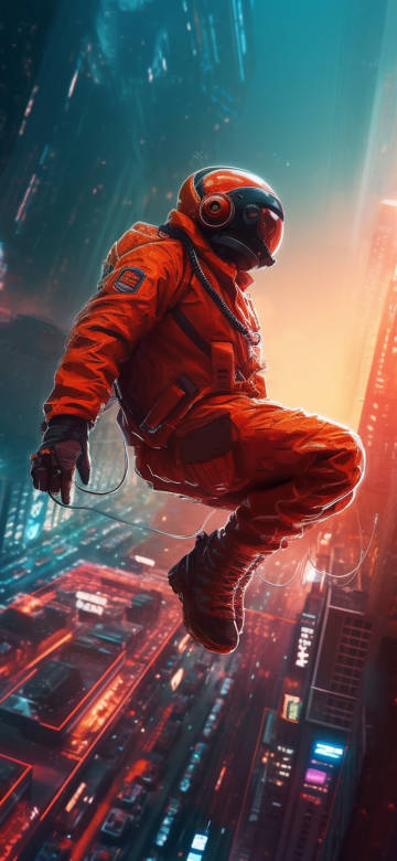 Astronaut Floating Over A Cyberpunk City 4K Wallpaper