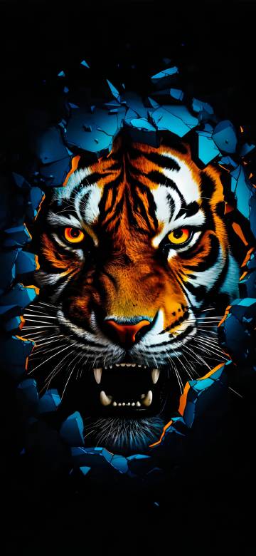 Fierce Tiger Bursting Through A Blue Wall Phone Wallpaper