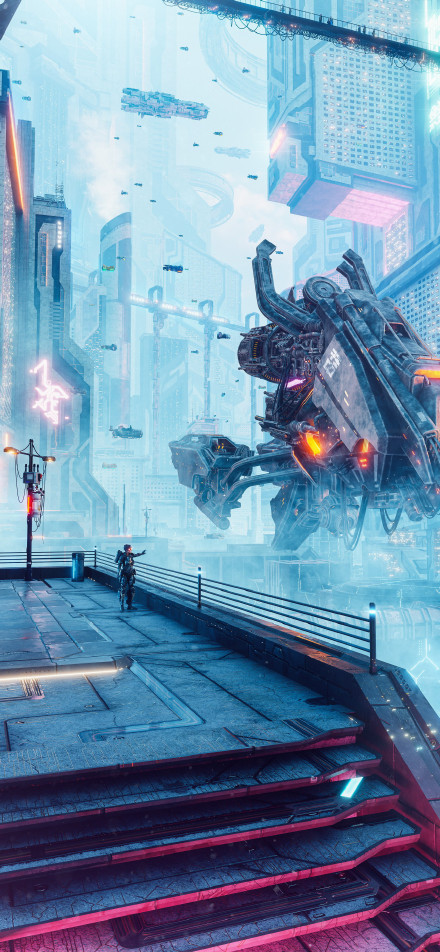 Mechanical wonder in cyber city phone wallpaper
