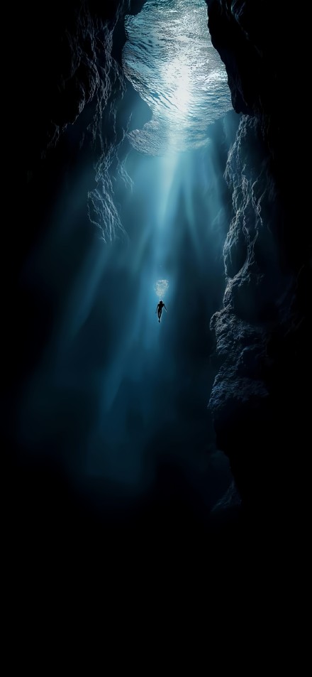 Diver Swimming Up in Deep Blue Cave 4K Phone Wallpaper