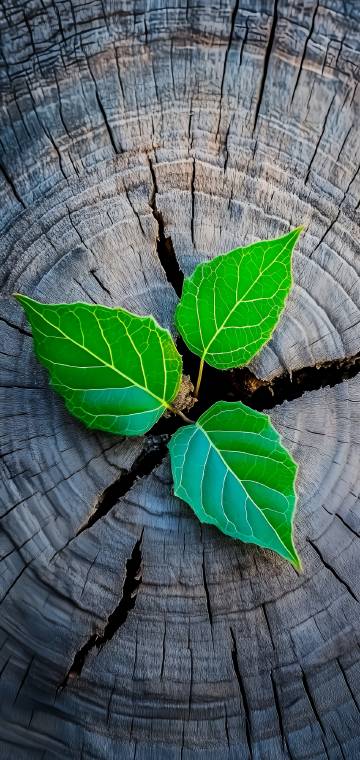 Fresh Green Leaves on Old Tree Stump 4K Phone Wallpaper