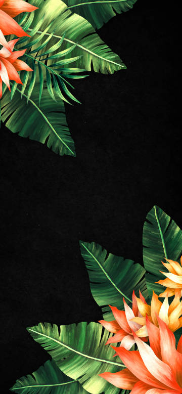 Tropical flowers and leaves on black background phone wallpaper