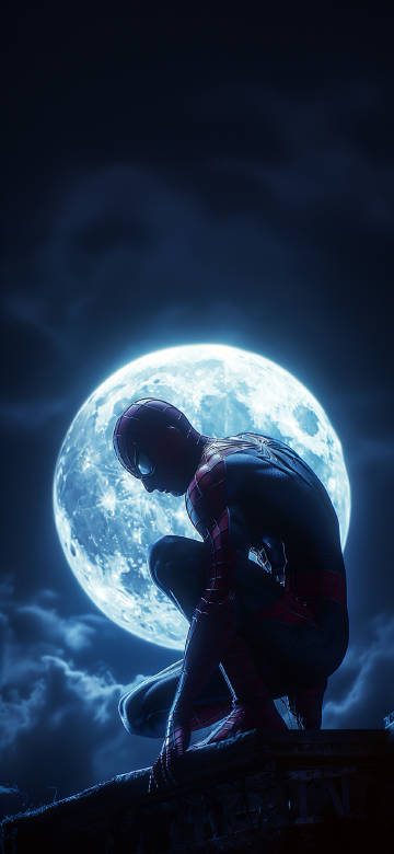 Spider-Man Crouching Under Giant Full Moon 4K Wallpaper
