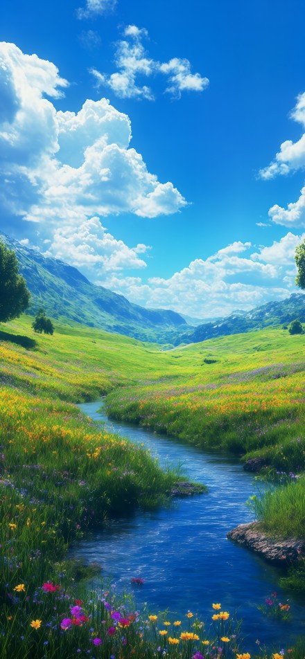 A tranquil valley under blue sky and white clouds