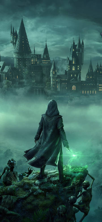 Mysterious Wizard Staring at Hogwarts Castle Wallpaper
