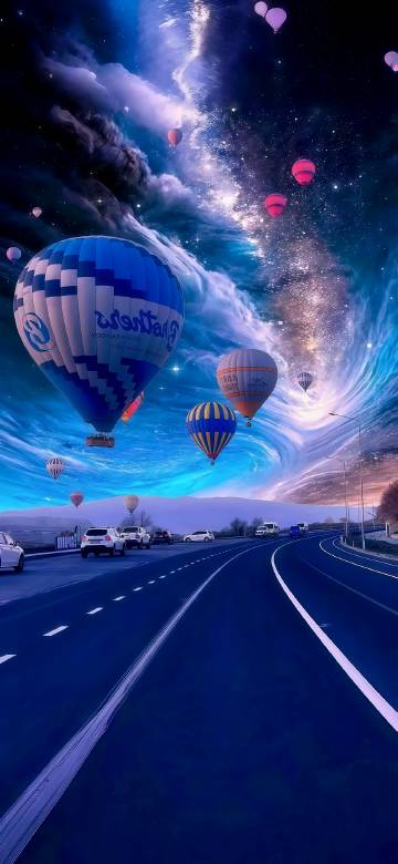 Fantastical hot air balloon scene on the highway phone wallpaper