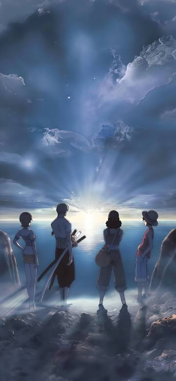 Nami, Zoro, Robin, and Luffy in One Piece phone wallpaper