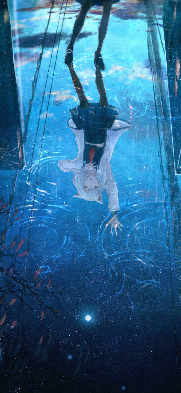 Anime girl reflected in the water of a pond like a starry sky