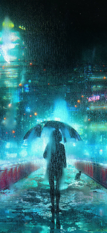 Girl under the neon lights of the city on a rainy night phone wallpaper