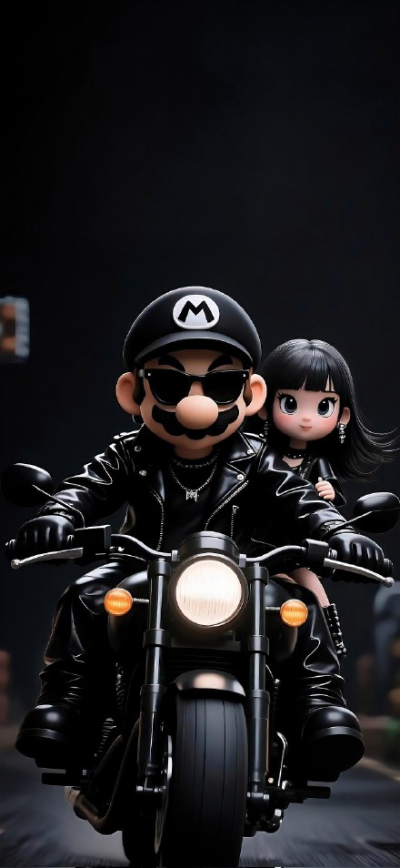 Mario wearing black leather riding a motorcycle with a girl anime wallpaper
