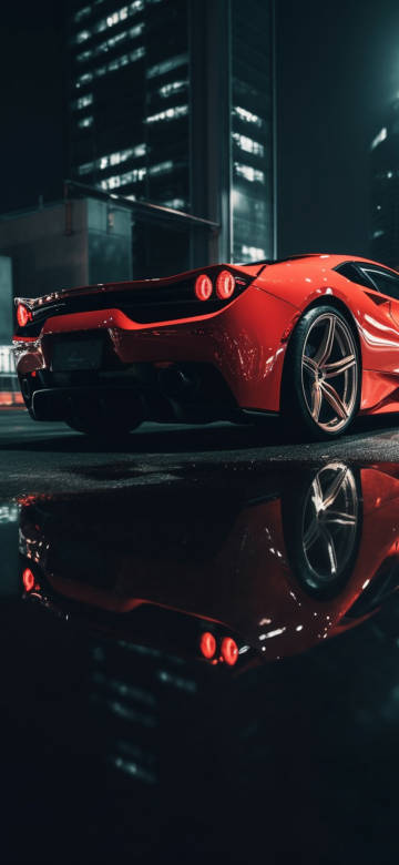 Dark City Atmosphere Red Ferrari Wallpaper 4K