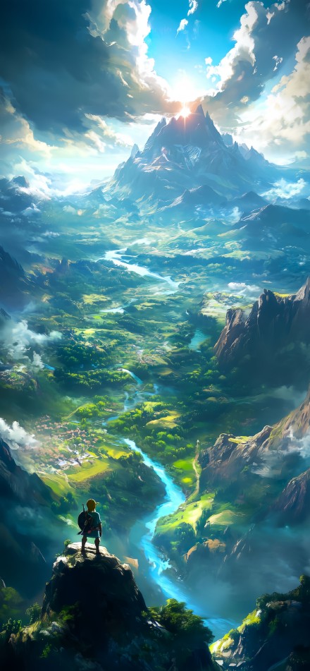 Hero Standing on Cliff Overlooking Fantasy Valley 4K Wallpaper