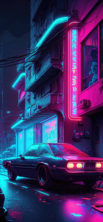 Retro Car Neon Lights Street Wallpaper