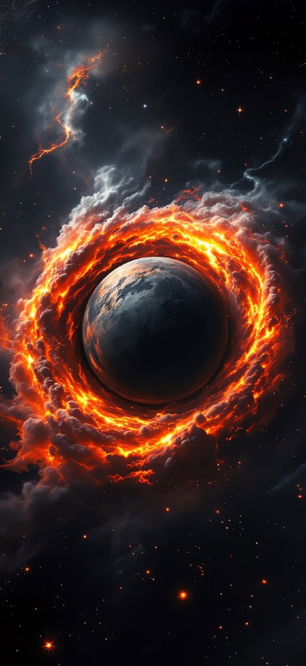 Earth surrounded by flames under the starry sky phone wallpaper