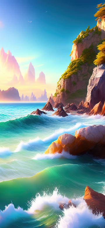 Vibrant Sea and Mountains Fantasy Wallpaper