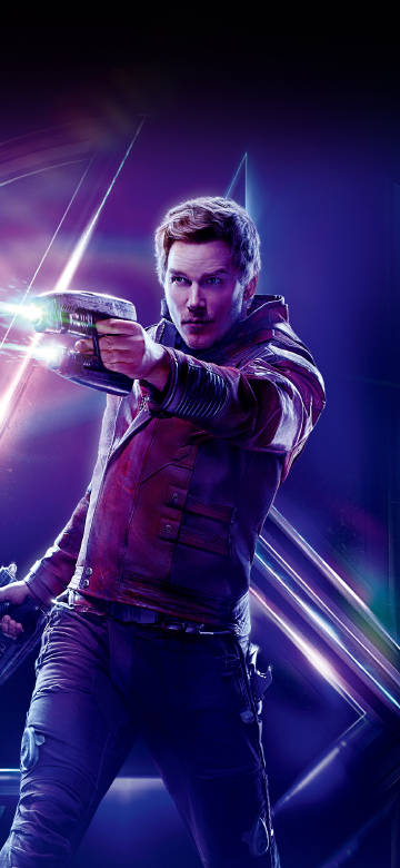 Star-Lord in a red leather jacket and holding a weapon