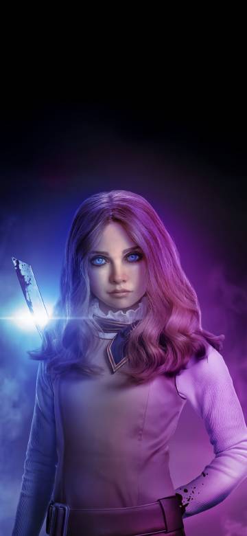 M3GAN with Knife in Neon Light 4K Wallpaper M3GAN with Knife in Neon Light 4K Wallpaper