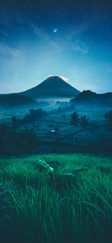 Volcanoes, rice paddies and greenery under the stars