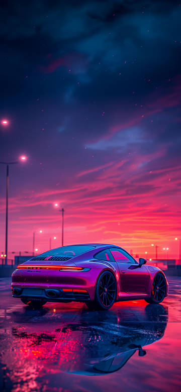 Porsche Under a Dreamy Pink-and-Purple Sky Wallpaper 4K