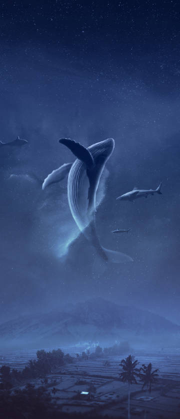 Whales in a fantastical scene under the stars phone wallpaper