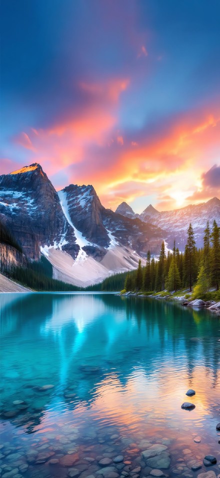 Beautiful phone wallpaper: snow-capped mountains, lakes, green trees and gorgeous sky