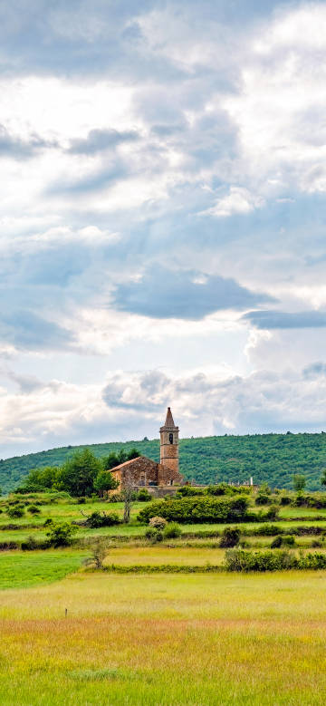 Ancient church in the green fields phone wallpaper