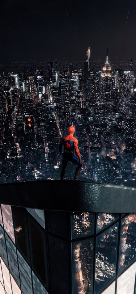 Spider-Man Overlooking NYC Skyline At Night 4K Wallpaper