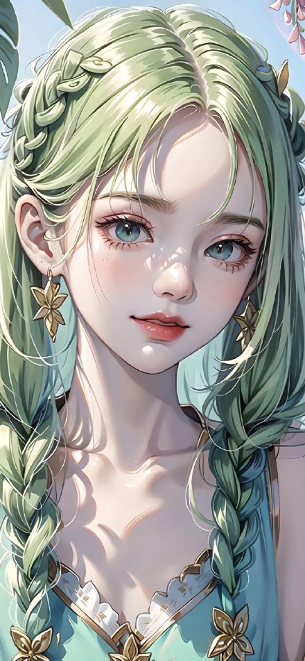 Beautiful Girl with Light Green Braids 4K Wallpaper