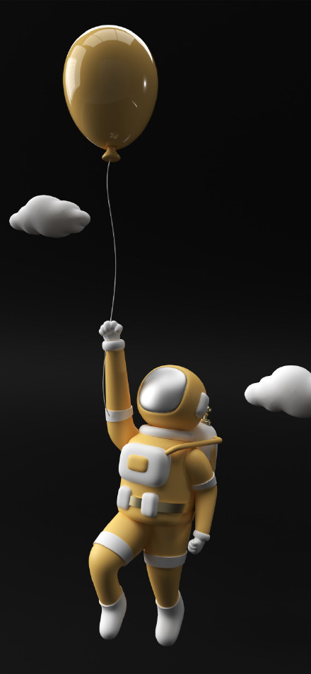 Cartoon astronaut pulling golden balloon levitating in space phone wallpaper